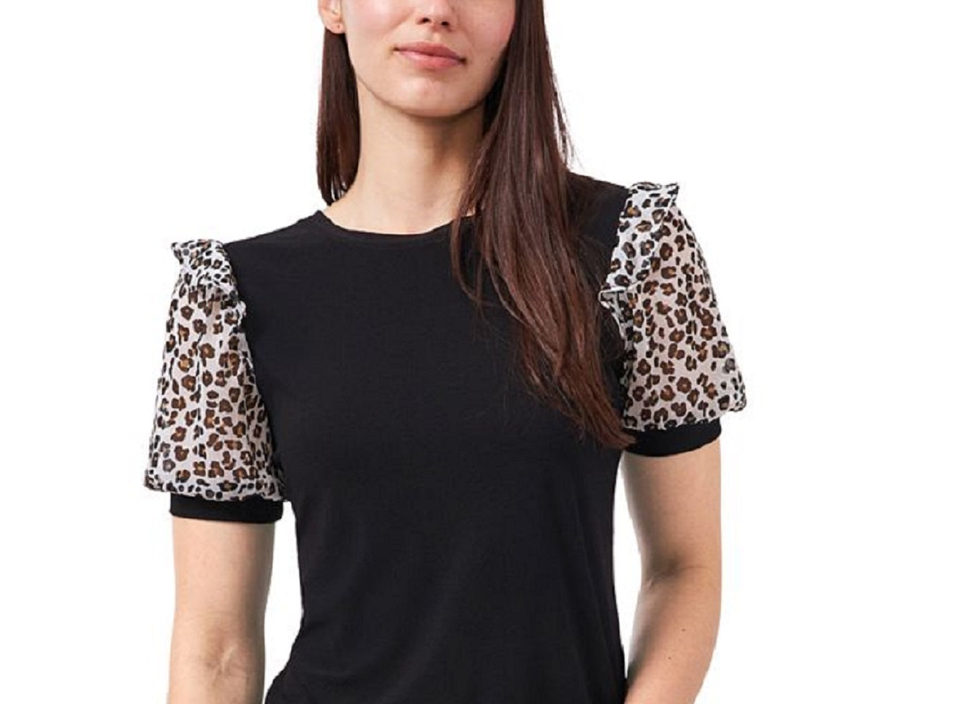 Camiseta feminina CeCe de crepe com manga bufante e técnica mista, preta, tamanho médio