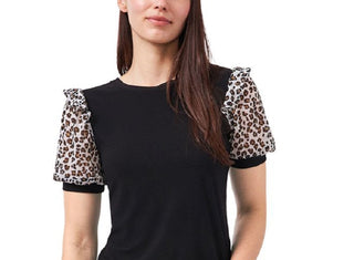 CeCe Women's Mixed Media Puff Sleeve Crepe T-Shirt Black Size Medium