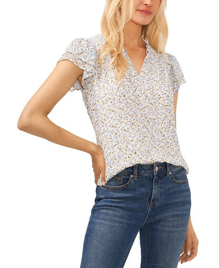 CeCe Women's Flutter Sleeve Floral Print Top Gray Size Small