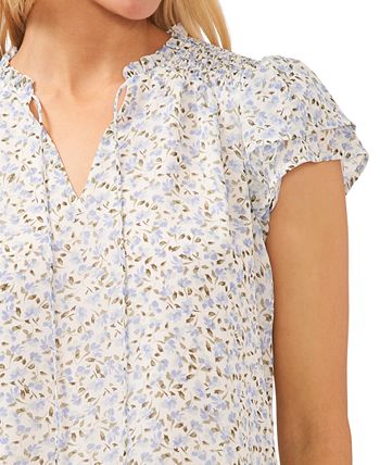 Top CeCe Feminino com Manga Flutter e Estampa Floral Cinza Tamanho P