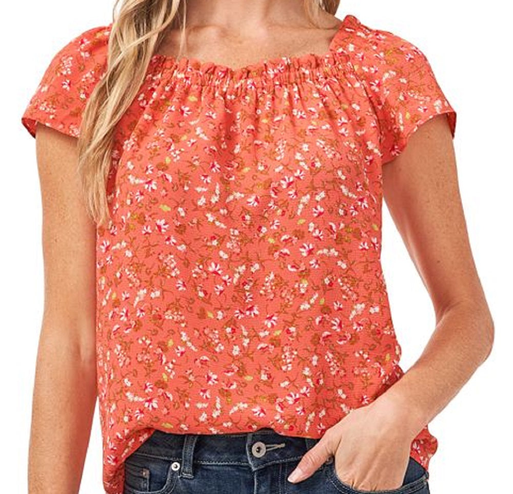 Blusa feminina CeCe com decote quadrado e estampa floral, laranja, tamanho médio