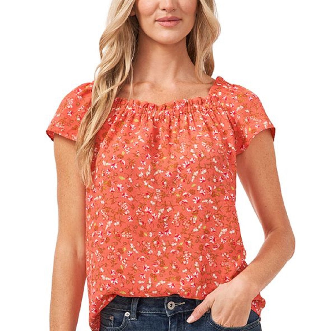 Blusa feminina CeCe com estampa floral e decote quadrado, laranja, tamanho extragrande