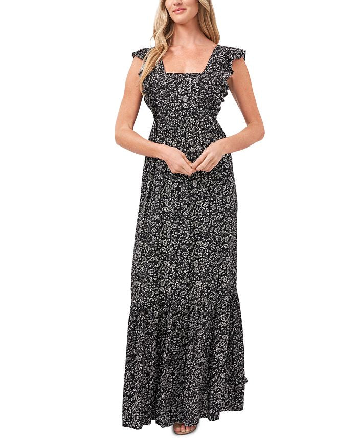 Vestido longo feminino CeCe com babados e estampa floral, tamanho extragrande, preto