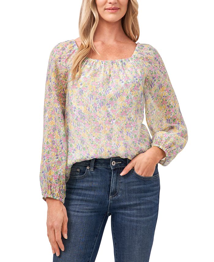 Top feminino CeCe Garden Muses Floral com decote quadrado e manga comprida, tamanho grande, floral verde