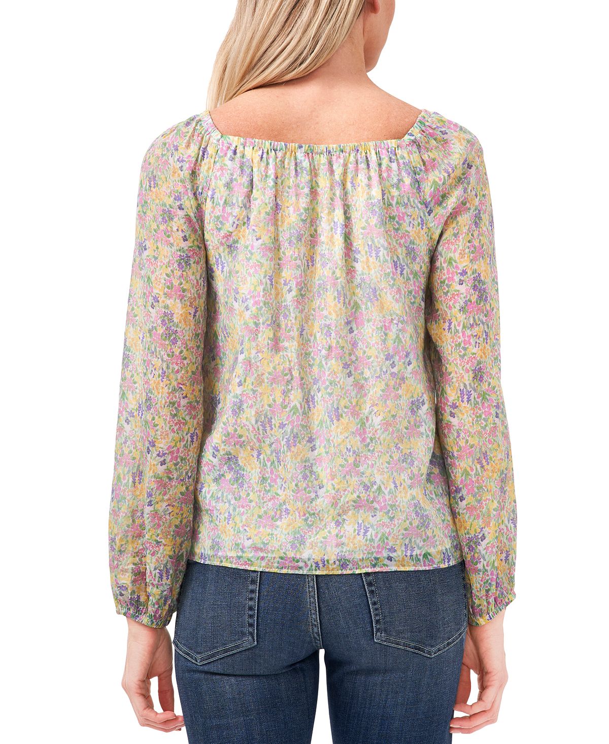 Top feminino CeCe Garden Muses Floral com decote quadrado e manga comprida, tamanho grande, floral verde