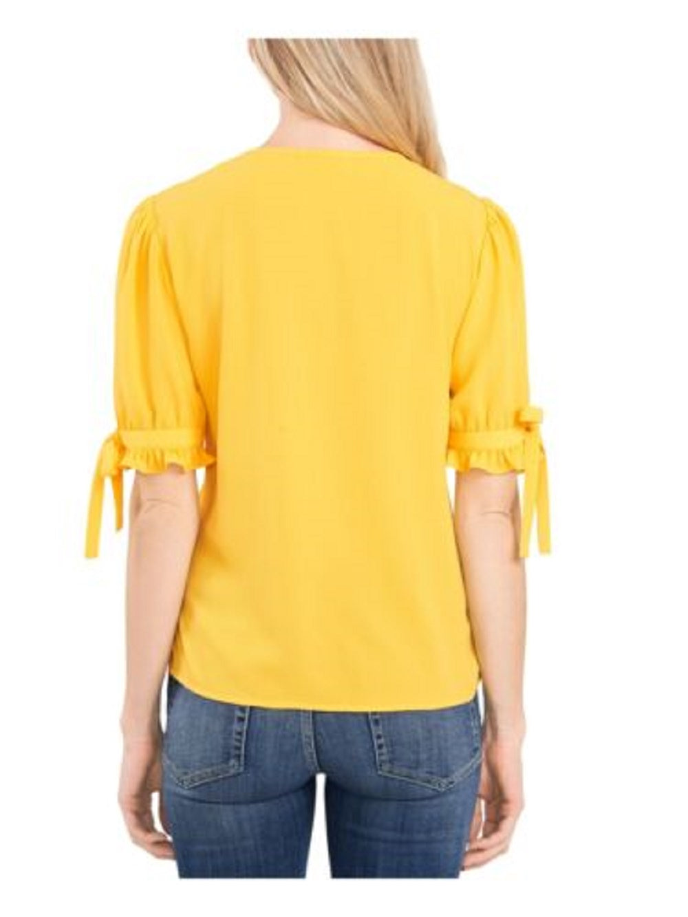 Blusa CeCe Feminina com Babados, Amarração, Plissada, Fecho de Botões, Manga Cotovelo, Decote em V, Amarela, Tamanho X-S