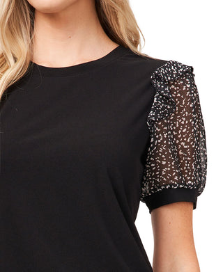 Blusa feminina CeCe com babados elásticos, estilo pull-over, manga curta, gola redonda, para usar no trabalho, preta, tamanho pequeno