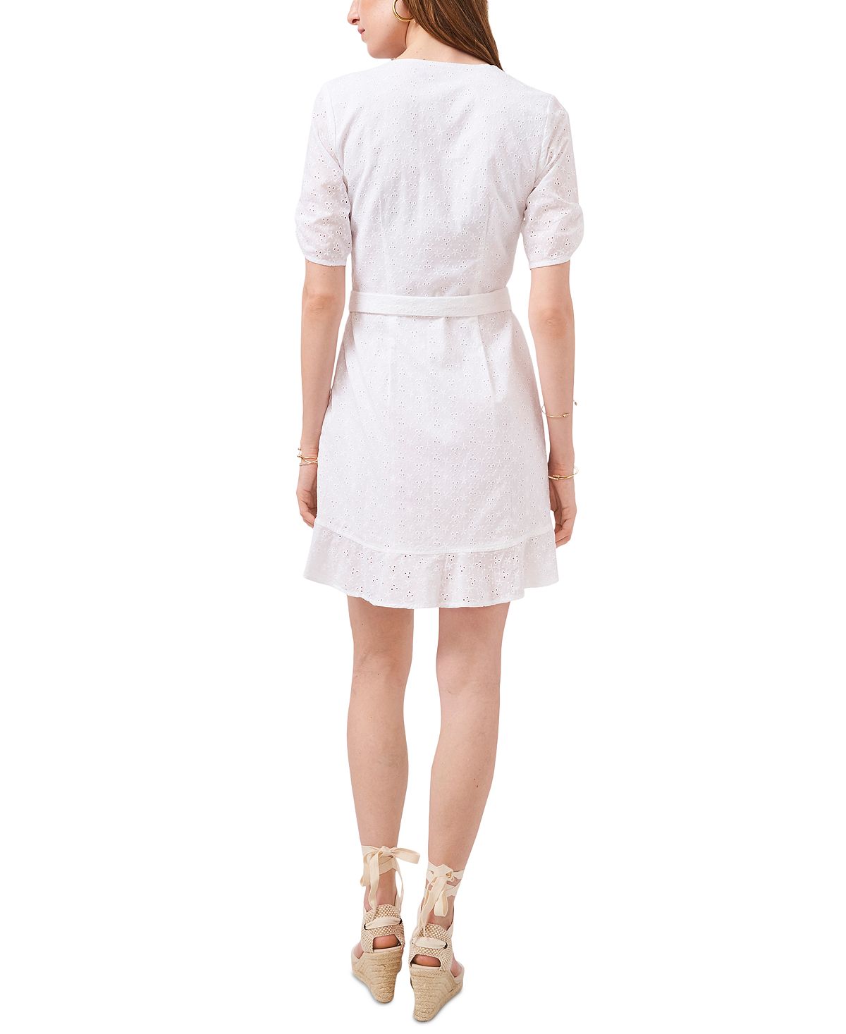 1.STATE Vestido curto feminino bordado com babados, ilhós, cinto autoamarrado, zíper, manga cotovelo floral, decote sobrepeliz, festa falsa, branco