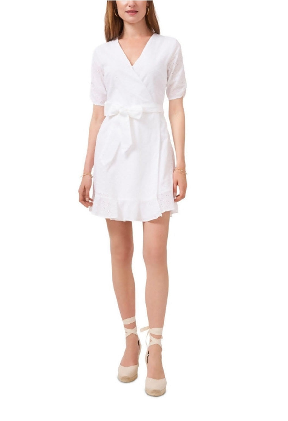 1.STATE Vestido curto feminino bordado com babados, ilhós, cinto autoamarrado, zíper, manga cotovelo floral, decote sobrepeliz, festa falsa, branco