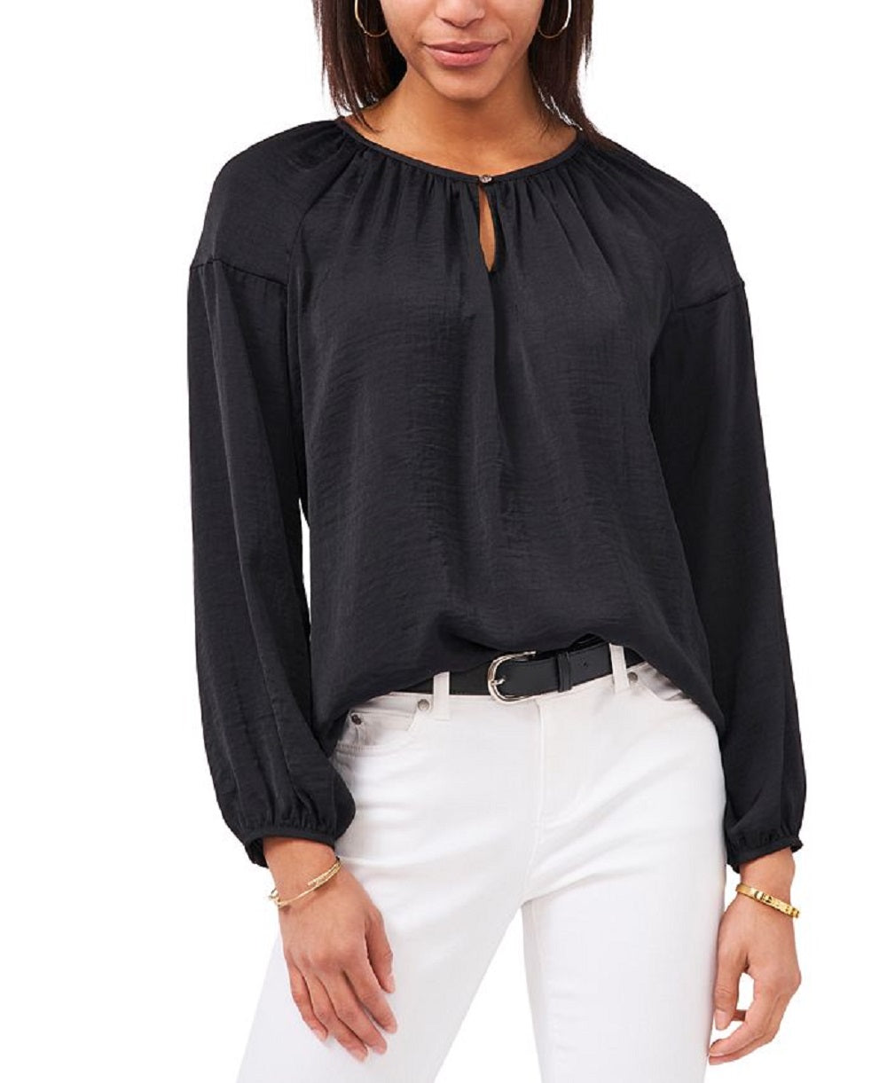 Blusa feminina Vince Camuto de cetim martelado, preta, tamanho X-S