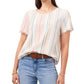 Vince Camuto Blusa feminina listrada de manga curta em mistura de linho, branca, tamanho grande