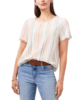Vince Camuto Blusa feminina listrada de manga curta em mistura de linho, branca, tamanho grande