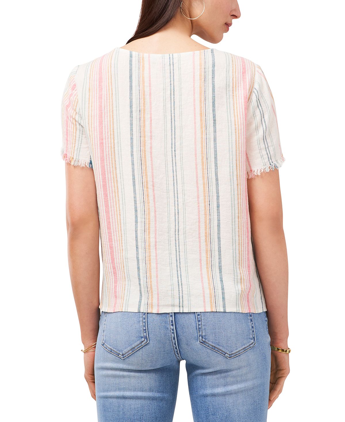 Vince Camuto Blusa feminina listrada de manga curta em mistura de linho, branca, tamanho grande