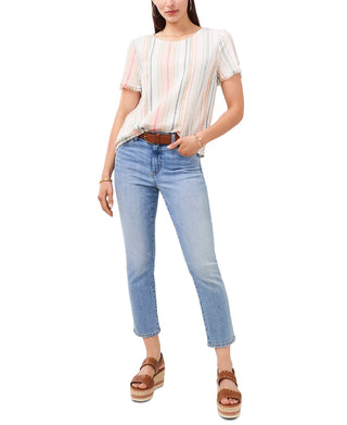 Vince Camuto Blusa feminina listrada de manga curta em mistura de linho, branca, tamanho grande