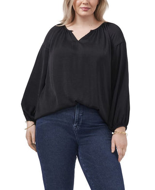 Blusa feminina Vince Camuto de cetim com babados e decote em V, preta, tamanho 1X