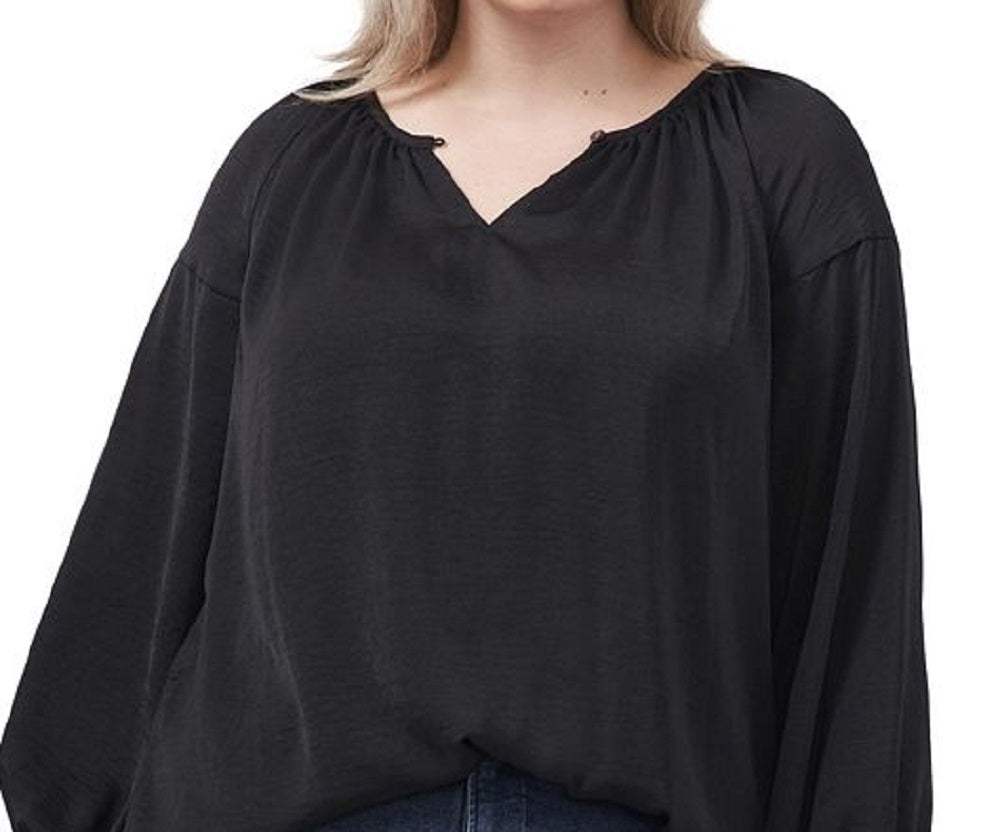 Blusa feminina Vince Camuto de cetim com babados e decote em V, preta, tamanho 1X