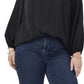 Blusa feminina Vince Camuto de cetim com babados e decote em V, preta, tamanho 1X