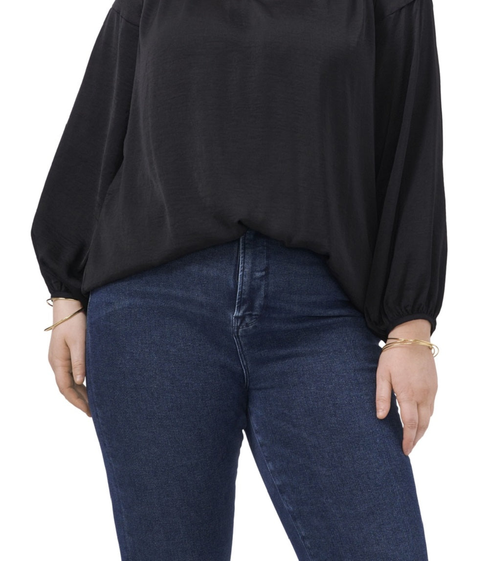 Blusa feminina Vince Camuto de cetim com babados e decote em V, preta, tamanho 2X