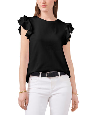 Camiseta feminina Vince Camuto com mangas franzidas e babados, preta, tamanho grande