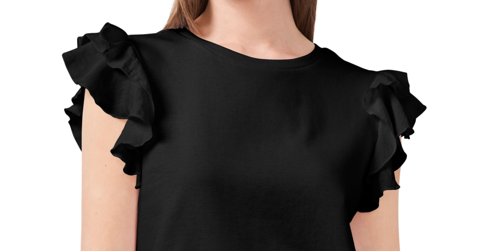 Camiseta feminina Vince Camuto com mangas franzidas e babados, preta, tamanho grande