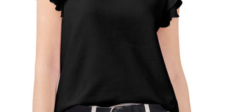 Camiseta feminina Vince Camuto com mangas franzidas e babados, preta, tamanho grande