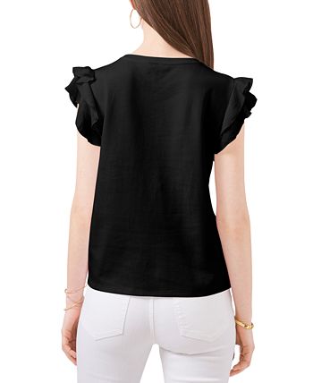 Camiseta feminina Vince Camuto com mangas franzidas e babados, preta, tamanho extragrande