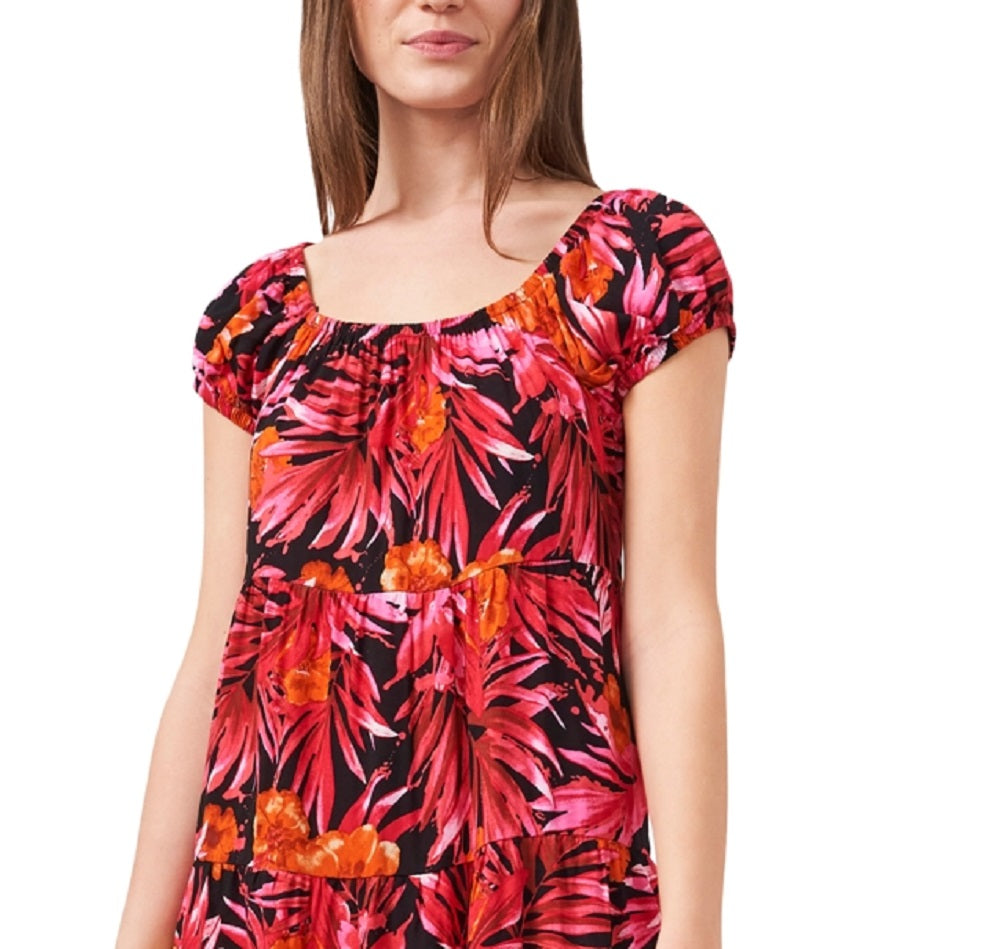 Vestido curto feminino Riley &amp; Rae com estampa floral, manga curta, ombro de fora, ajuste evasê, vermelho, tamanho extrapequeno