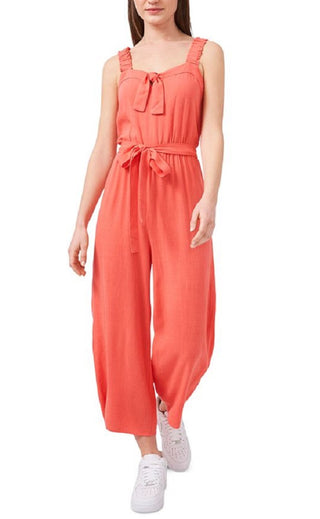 Macacão feminino Riley &amp; Rae coral com zíper franzido e cinto de amarração, sem mangas, decote coração, perna larga, laranja, tamanho 8