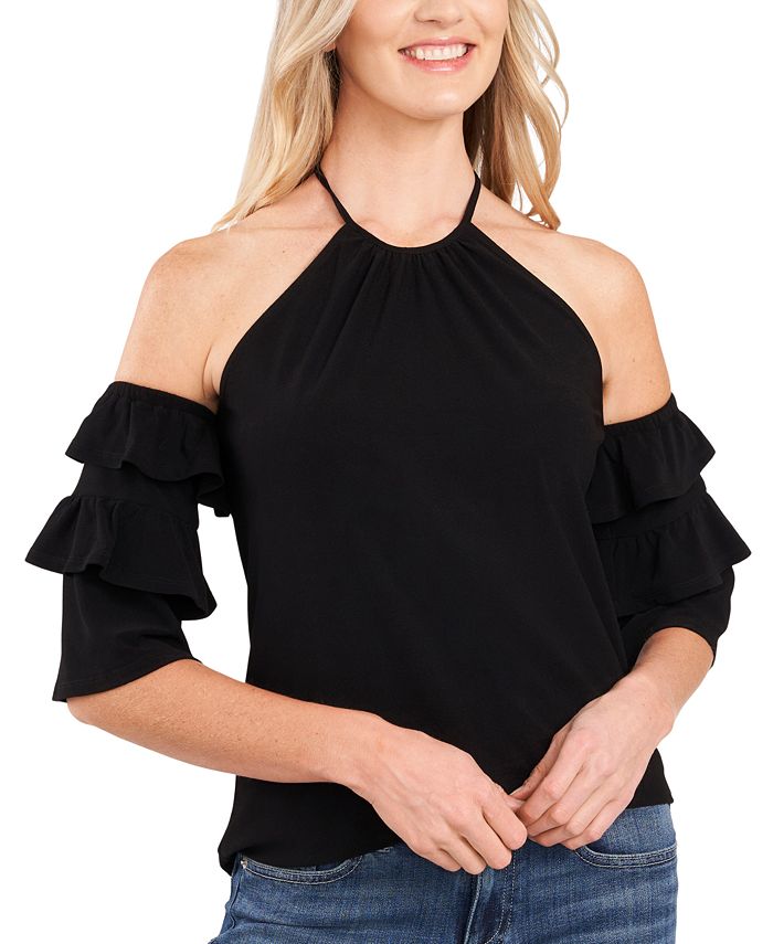 Top de malha com decote halter e ombro de fora feminino CeCe, preto, tamanho grande