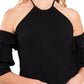 Top de malha com decote halter e ombro de fora feminino CeCe, preto, tamanho grande