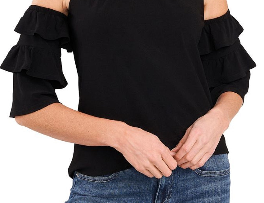 Top de malha com decote halter e ombro de fora feminino CeCe, preto, tamanho grande