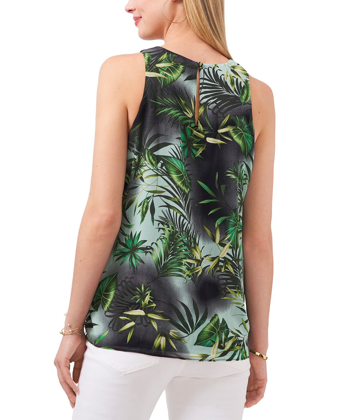 Top feminino Vince Camuto estampado com decote em V e costas abertas, preto, pequeno