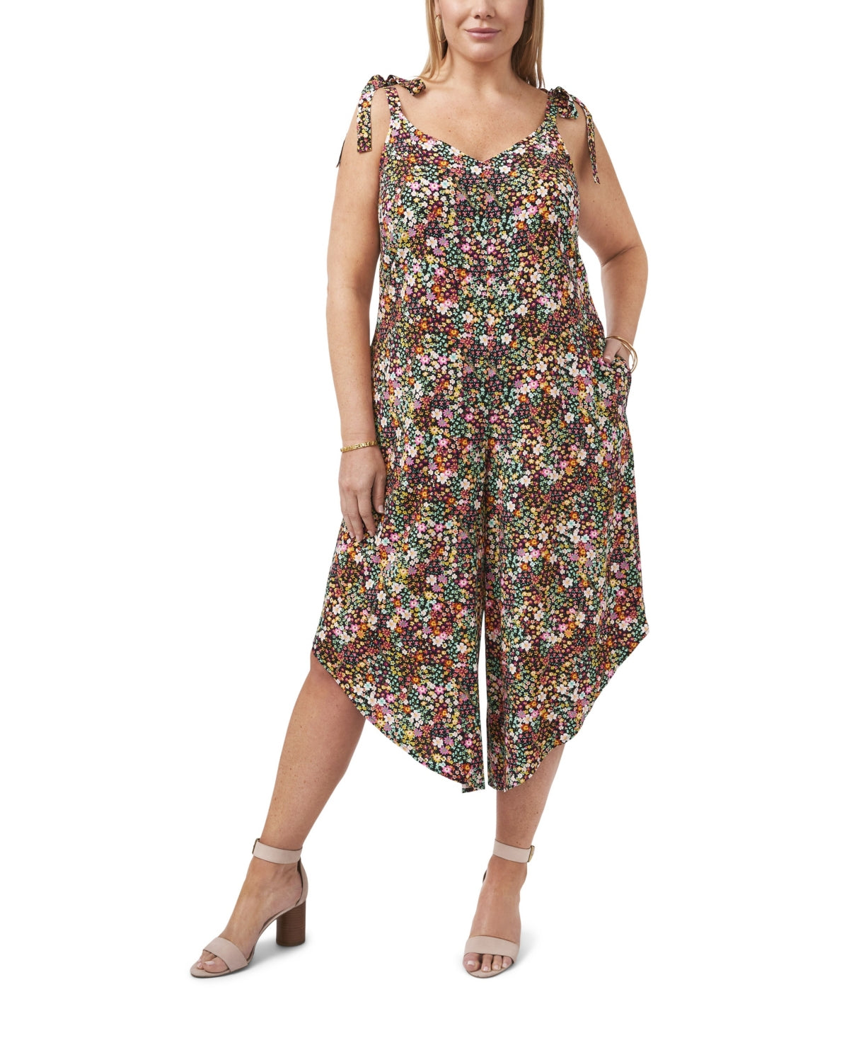 Macacão feminino Vince Camuto com gravata borboleta floral marrom tamanho 2X