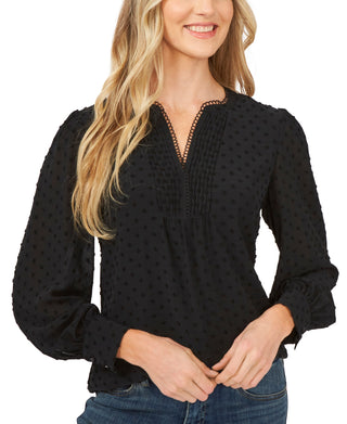 CeCe Women's Clip Dot Long Sleeve Blouse Black Size Medium