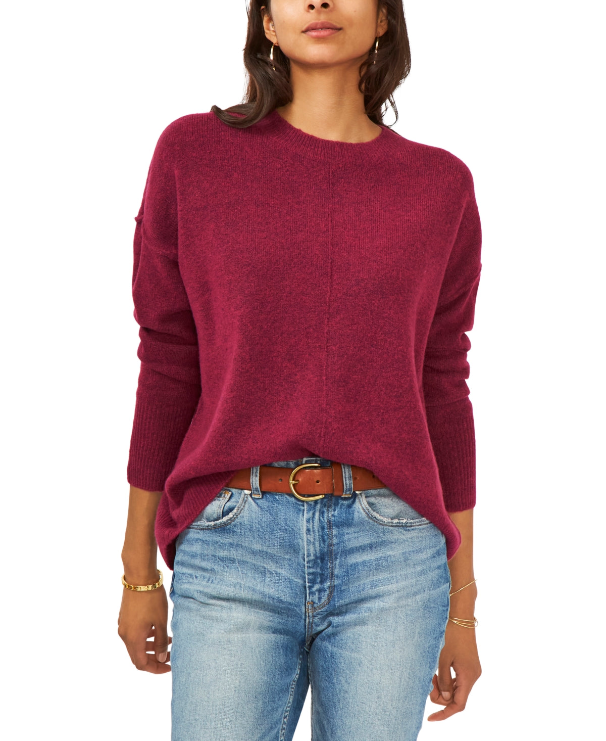 Suéter feminino Vince Camuto com gola redonda e costura central, vermelho, tamanho grande
