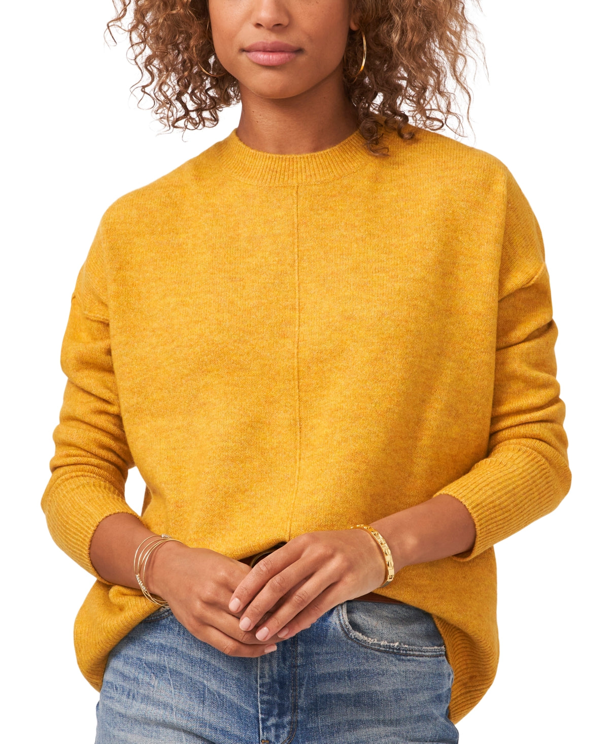 Suéter feminino Vince Camuto com gola redonda e costura central, amarelo, tamanho X-S