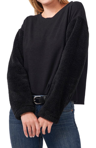 Vince Camuto Blusa de malha feminina com manga de pele sintética, preta, tamanho XX-G