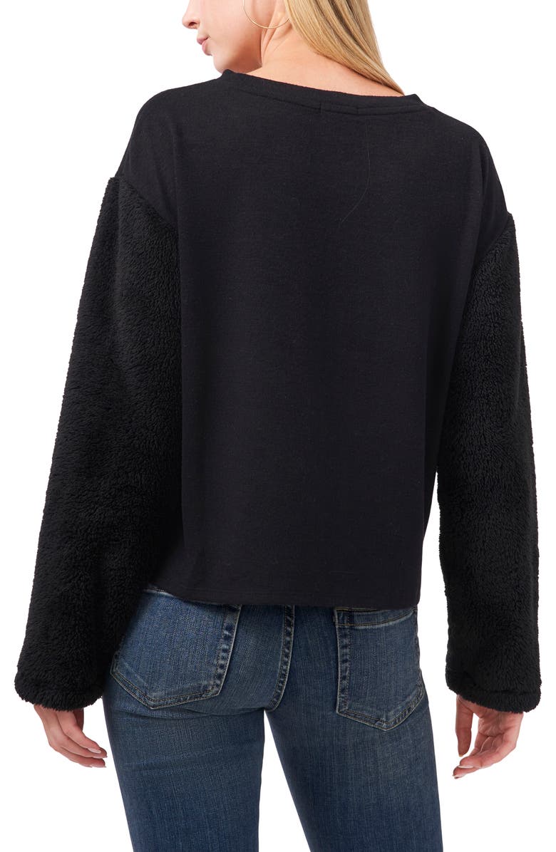 Vince Camuto Blusa de malha feminina com manga de pele sintética, preta, tamanho XX-G