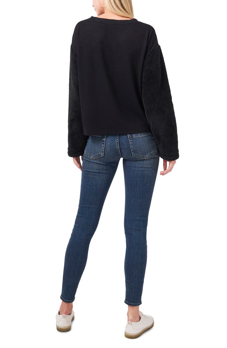 Vince Camuto Blusa de malha feminina com manga de pele sintética, preta, tamanho XX-G