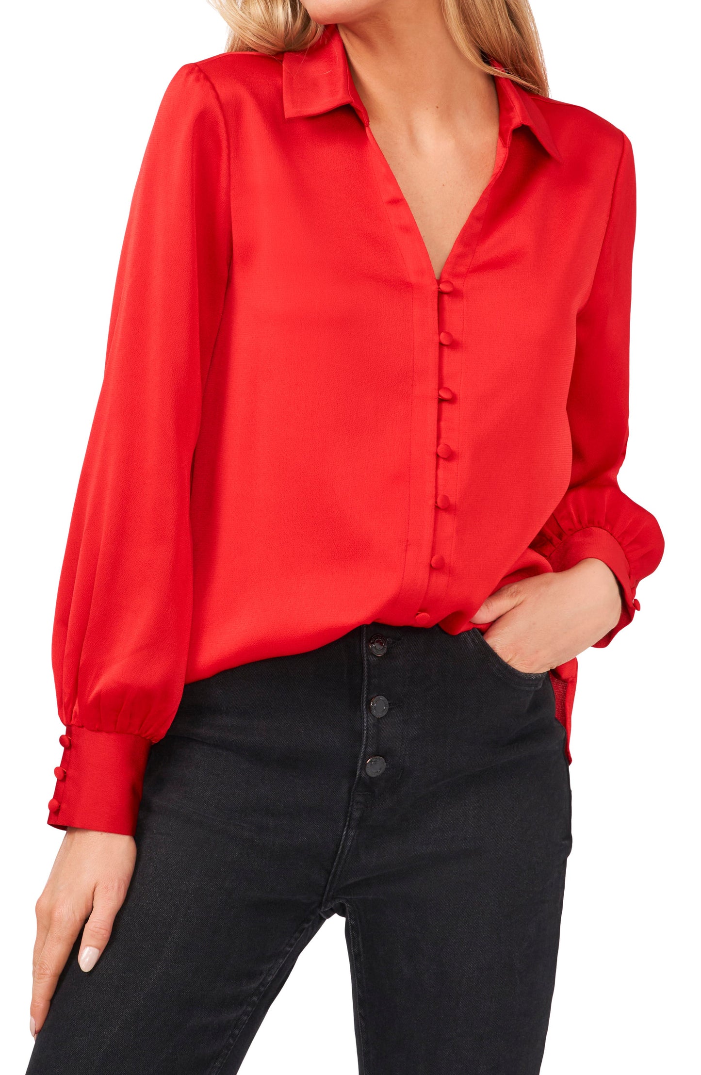 Camisa feminina Vince Camuto com botões, vermelha, tamanho pequeno