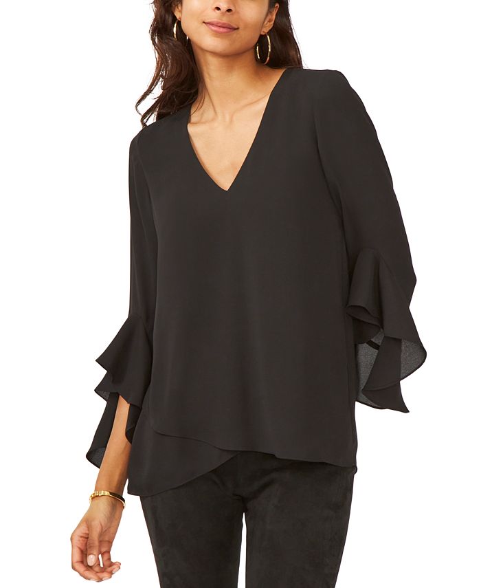 Vince Camuto Blusa feminina com manga trompete, preta, tamanho médio