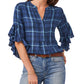 Vince Camuto Blusa feminina xadrez com mangas franzidas, azul, tamanho extrapequeno