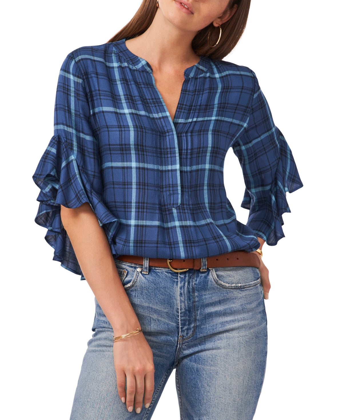 Vince Camuto Blusa feminina xadrez com mangas franzidas, azul, tamanho extrapequeno