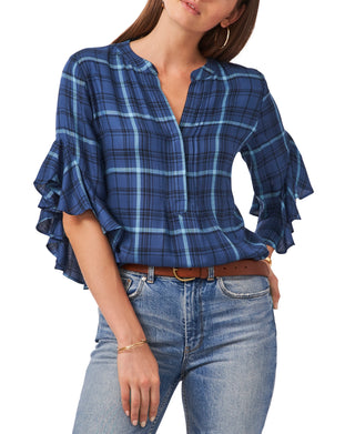 Vince Camuto Blusa feminina xadrez com mangas franzidas, azul, tamanho extrapequeno