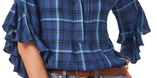 Vince Camuto Blusa feminina xadrez com mangas franzidas, azul, tamanho extrapequeno
