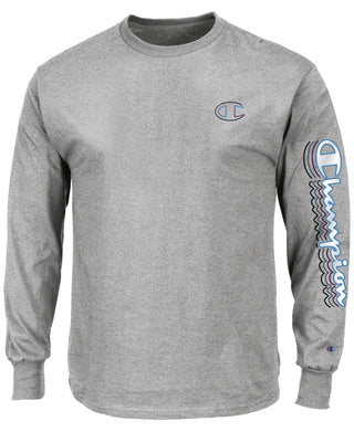 Camiseta masculina Champion com logo gráfico, manga comprida, cinza, tamanho XX-G