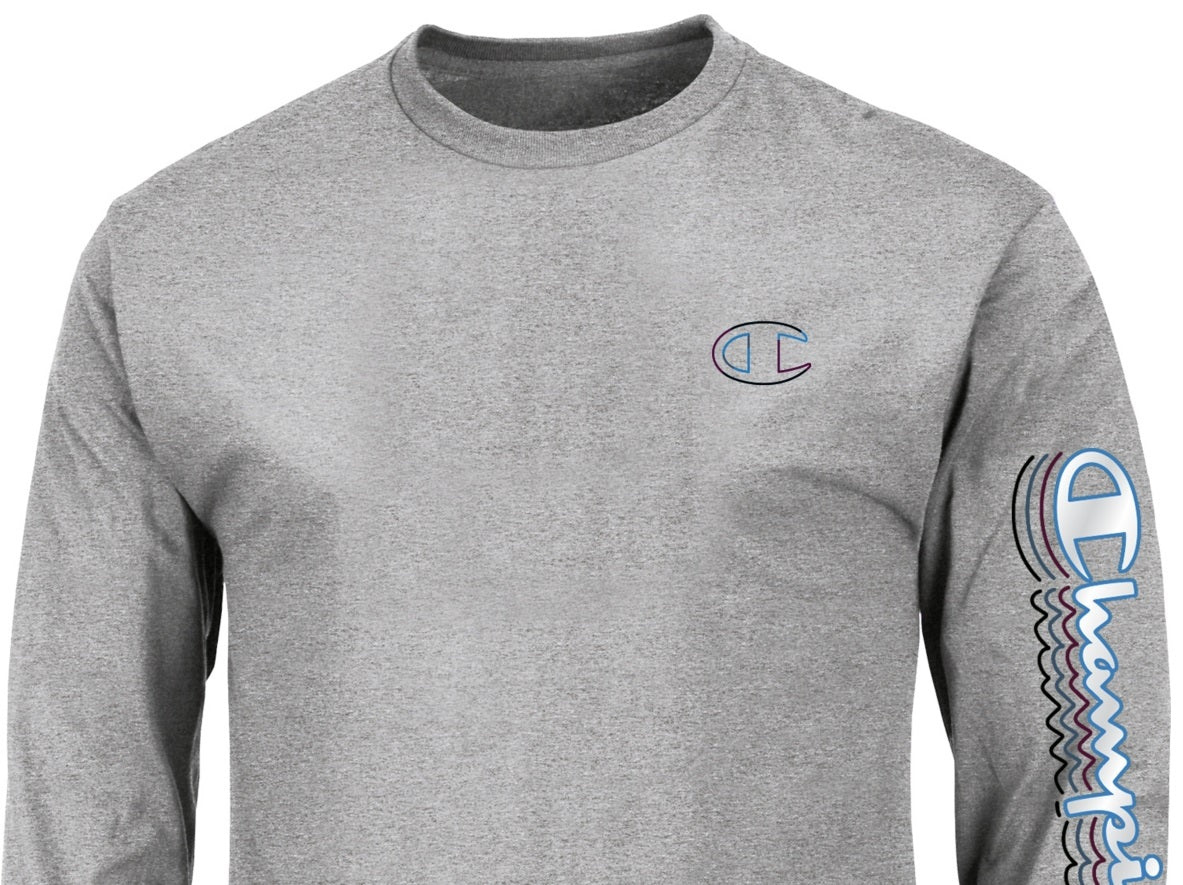 Camiseta masculina Champion com logo gráfico, manga comprida, cinza, tamanho XX-G