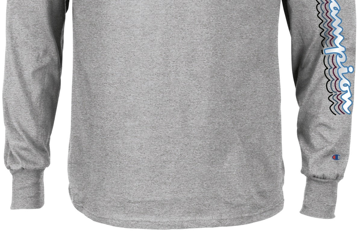 Camiseta masculina Champion com logo gráfico, manga comprida, cinza, tamanho XX-G