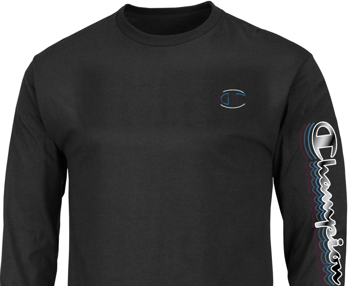 Camiseta masculina Champion com logo gráfico de manga comprida, preta, tamanho 2X