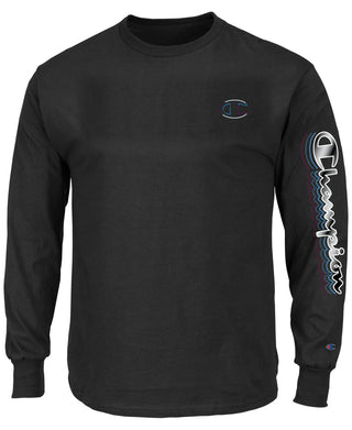 Camiseta masculina Champion com logotipo gráfico de manga comprida, preta, tamanho XXX-G
